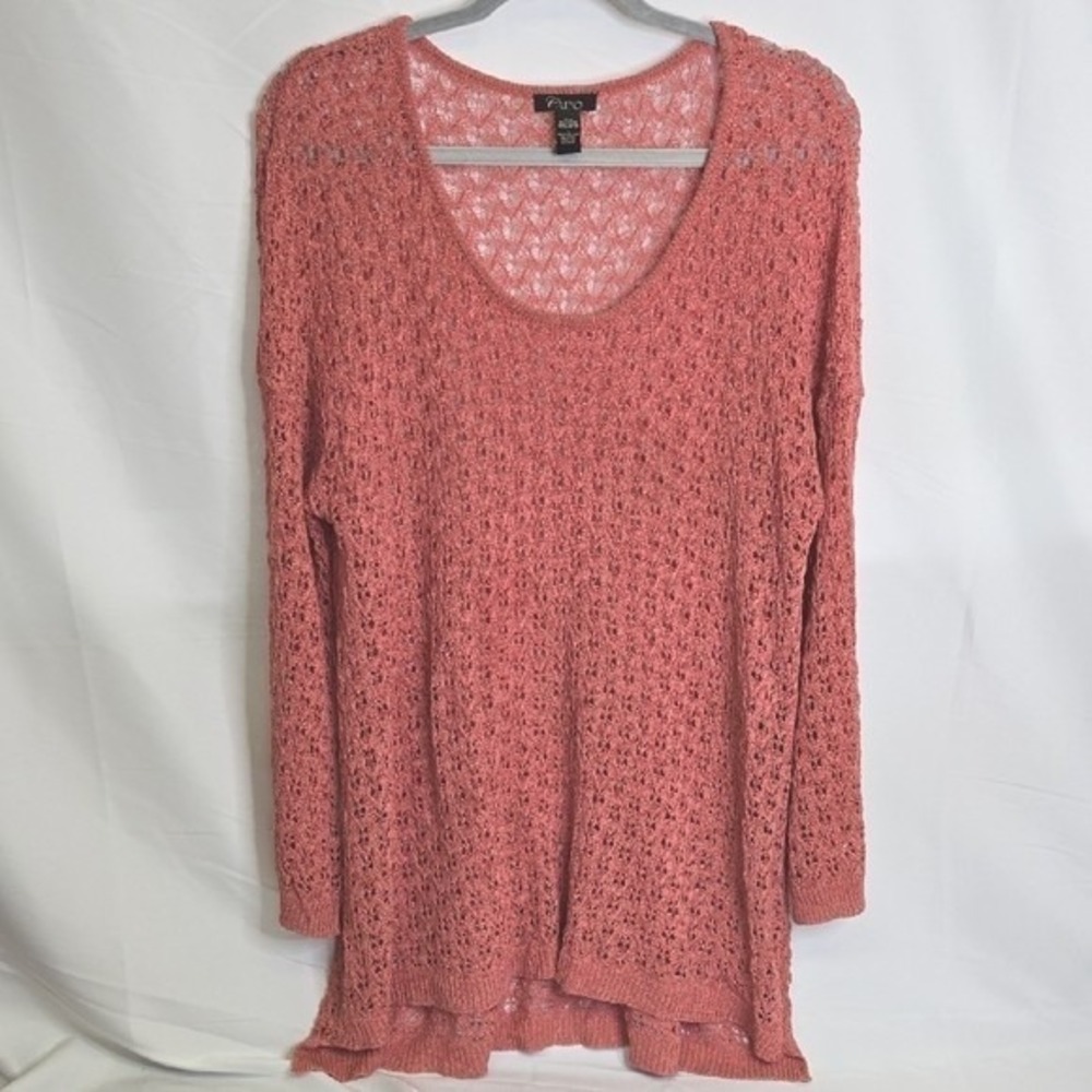 Cupio Open Knit Scoop Neck‎ Boho Sweater, Lagenlook Coastal Beachy, Pink, Large